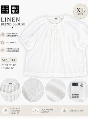 Uniqlo Minimalist White Linen Blend Blouse 🤍 XL Relaxed Top